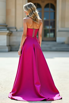 Fuchsia A Linien Satin Schulterfrei Langes Abendkleid mit Schlitz