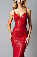 Laden Sie das Bild in den Galerie-Viewer, Glitzer Dunkelrot Meerjungfrau Spaghettiträger Rückenfrei Langes Abendkleid