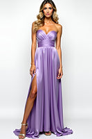 Laden Sie das Bild in den Galerie-Viewer, Lila A LInien Schulterfrei Satin Langes Abendkleid mit Schlitz
