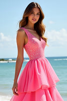 Laden Sie das Bild in den Galerie-Viewer, Glitzer Rosa A Linien V-Ausschnitt Tüll Langes Abendkleid mit Rüschen