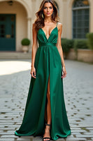 Laden Sie das Bild in den Galerie-Viewer, Dunkelgrün A Linien Spaghettiträger Satin Langes Abendkleid mit Schlitz