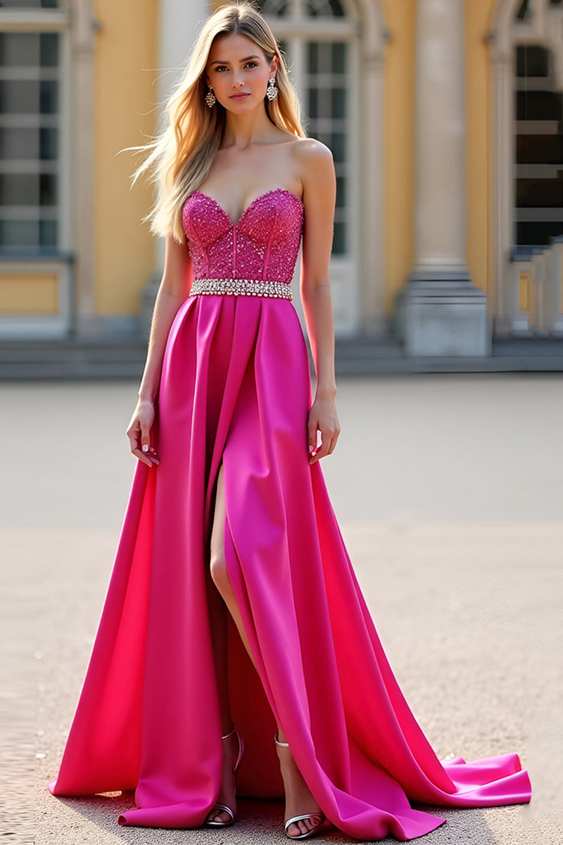 Laden Sie das Bild in den Galerie-Viewer, Glitzer Fuchsia A Linien Schulterfrei Satin Korsett Langes Abendkleid mit Schlitz