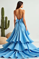 Laden Sie das Bild in den Galerie-Viewer, Blau A Linien Neckholder Satin Vokuhila Langes Abendkleid mit Rüschen