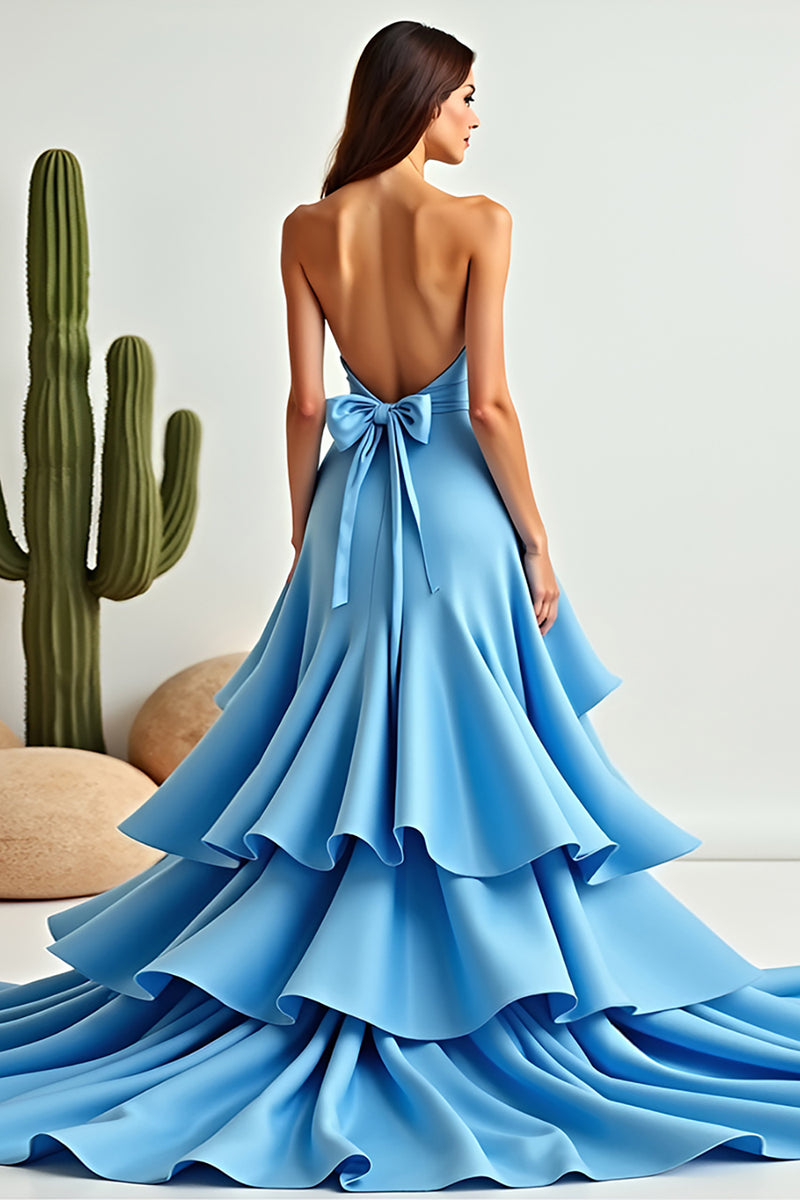 Laden Sie das Bild in den Galerie-Viewer, Blau A Linien Neckholder Satin Vokuhila Langes Abendkleid mit Rüschen