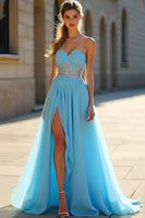 Laden Sie das Bild in den Galerie-Viewer, Glitzer Blau A Linien Schulterfrei Langes Abendkleid mit Schlitz