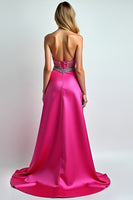 Laden Sie das Bild in den Galerie-Viewer, Glitzer Fuchsia A Linien Satin Schulterfrei Langes Abendkleid mit Schlitz