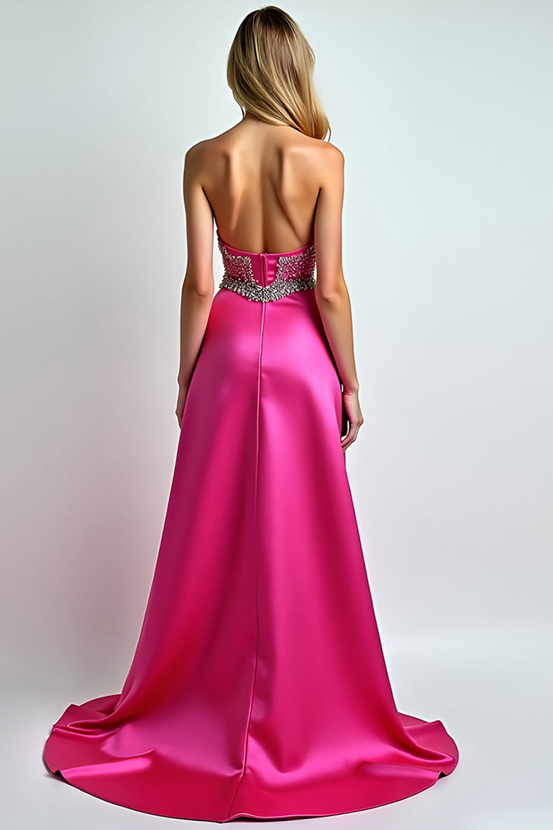 Laden Sie das Bild in den Galerie-Viewer, Glitzer Fuchsia A Linien Satin Schulterfrei Langes Abendkleid mit Schlitz