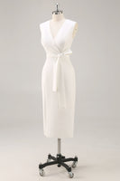 Laden Sie das Bild in den Galerie-Viewer, Weiß Bodycon Satin V Ausschnitt Mid Calf Semi Formelle Kleid mit Schlitz