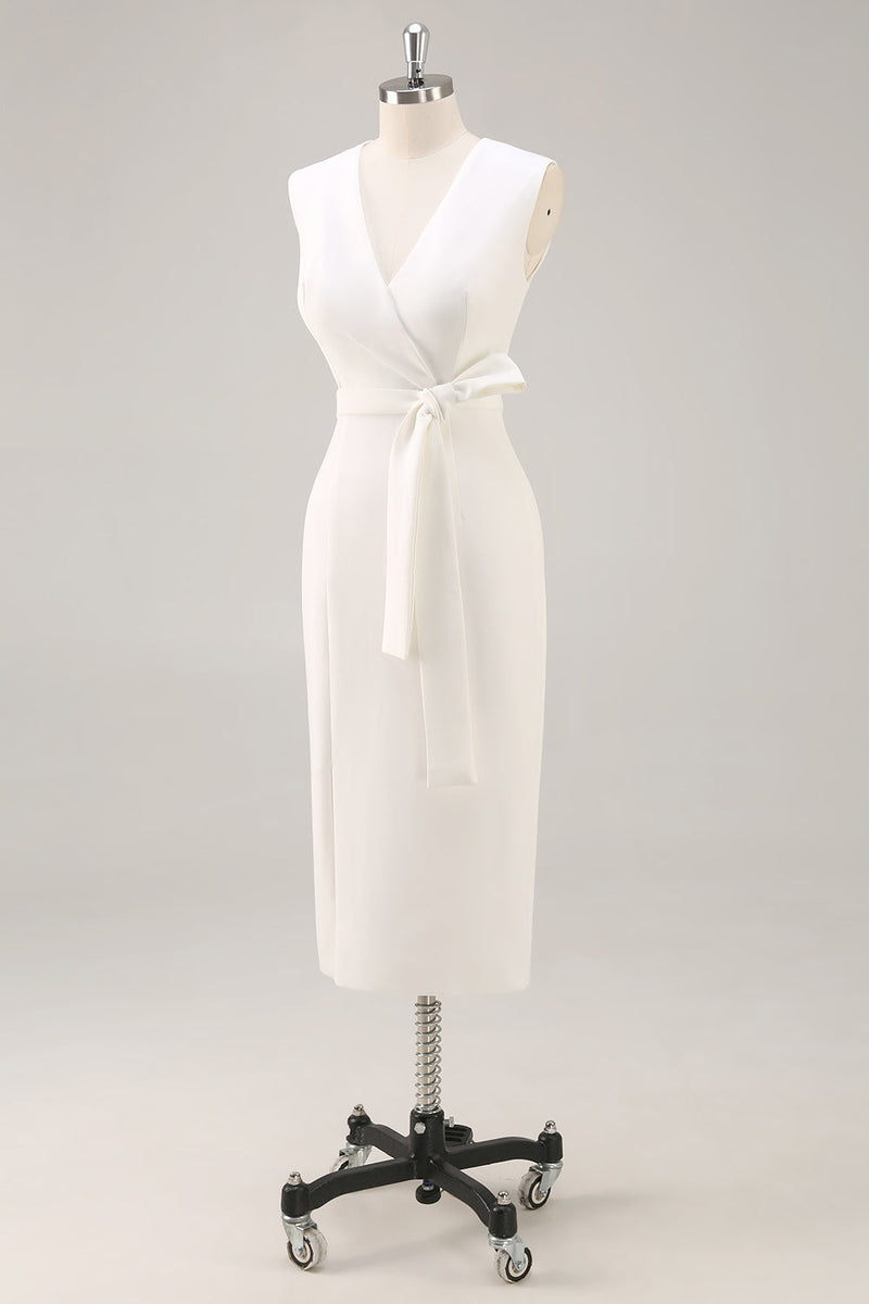 Laden Sie das Bild in den Galerie-Viewer, Weiß Bodycon Satin V Ausschnitt Mid Calf Semi Formelle Kleid mit Schlitz