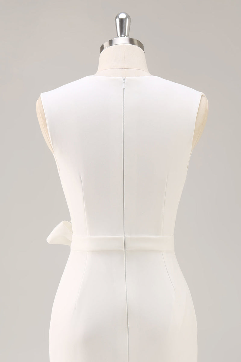 Laden Sie das Bild in den Galerie-Viewer, Weiß Bodycon Satin V Ausschnitt Mid Calf Semi Formelle Kleid mit Schlitz