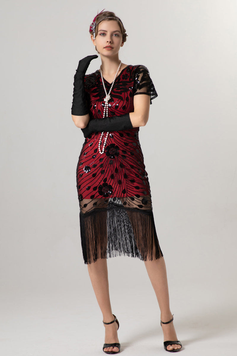 Laden Sie das Bild in den Galerie-Viewer, Glitzernd Schwarz Gold Bodycon Kurz Fransen 20er Jahre Kleid