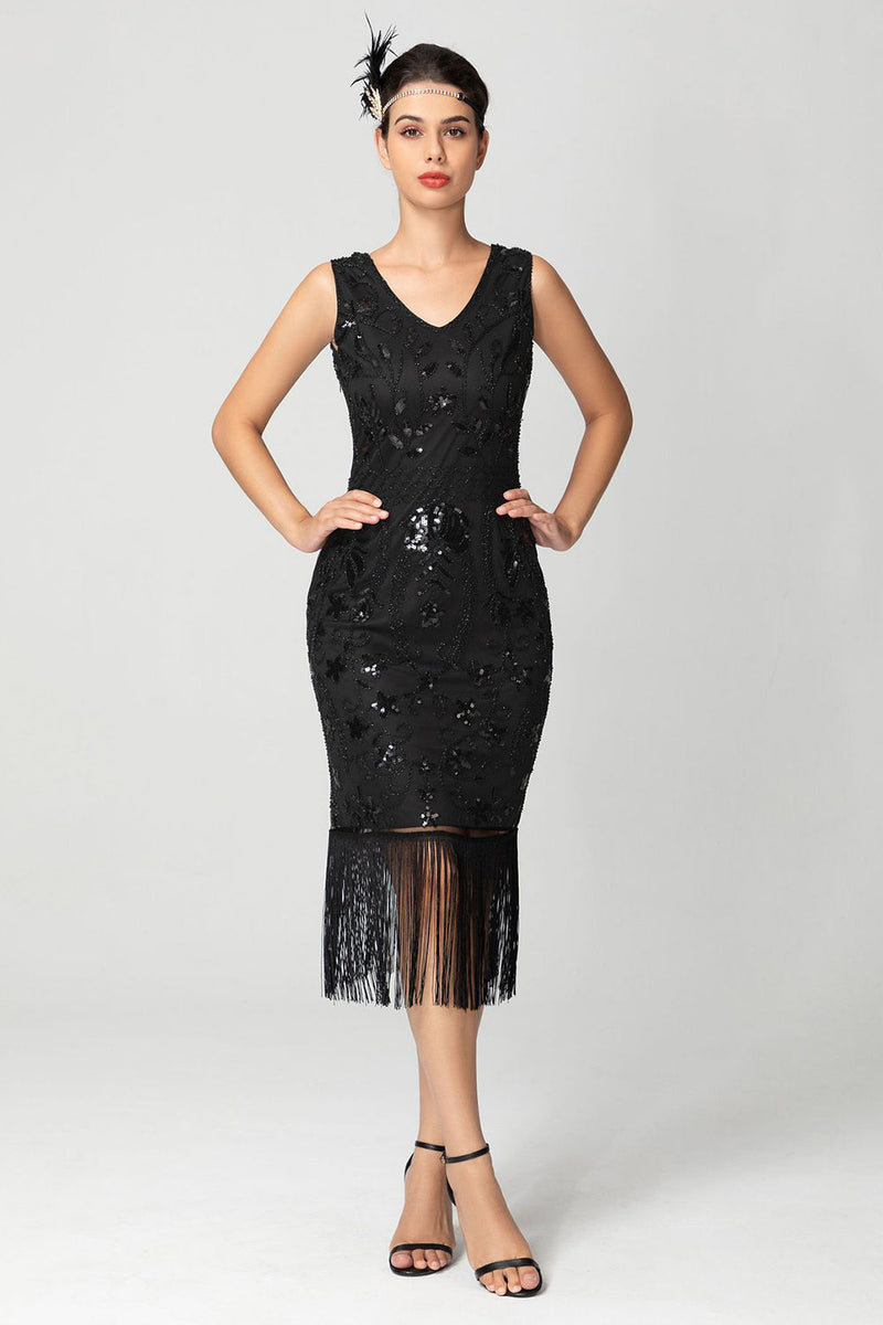 Laden Sie das Bild in den Galerie-Viewer, Schwarz Burgund Pailletten Etuikleid Fransen 20er Jahre Kleid