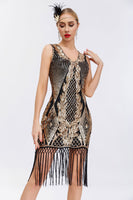 Laden Sie das Bild in den Galerie-Viewer, Glitzernd Schwarz Gold Bodycon Pailletten 20er Jahre Kleid mit Fransen