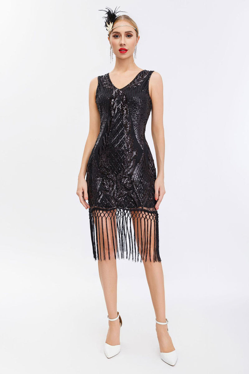 Laden Sie das Bild in den Galerie-Viewer, Glitzernd Schwarz Gold Bodycon Pailletten 20er Jahre Kleid mit Fransen