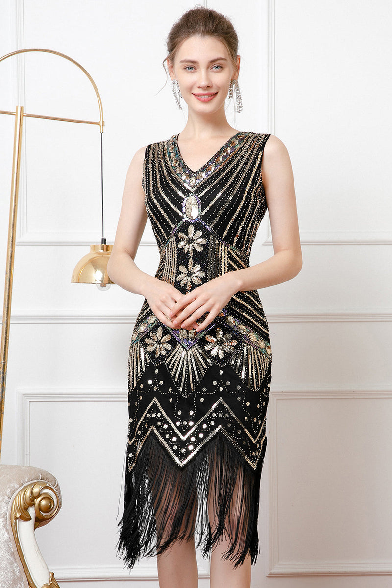 Laden Sie das Bild in den Galerie-Viewer, Glitzernd Schwarz Gold Pailletten V Ausschnitt 20er Jahre Kleid mit Fransen