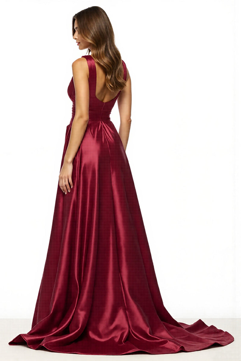 Laden Sie das Bild in den Galerie-Viewer, Satin Bordeaux V-Ausschnitt A Linie Lange Abiballkleid mit Schlitz