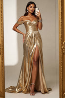 Laden Sie das Bild in den Galerie-Viewer, Golden Metallic A Linie Lange Abiballkleid mit Schlitz