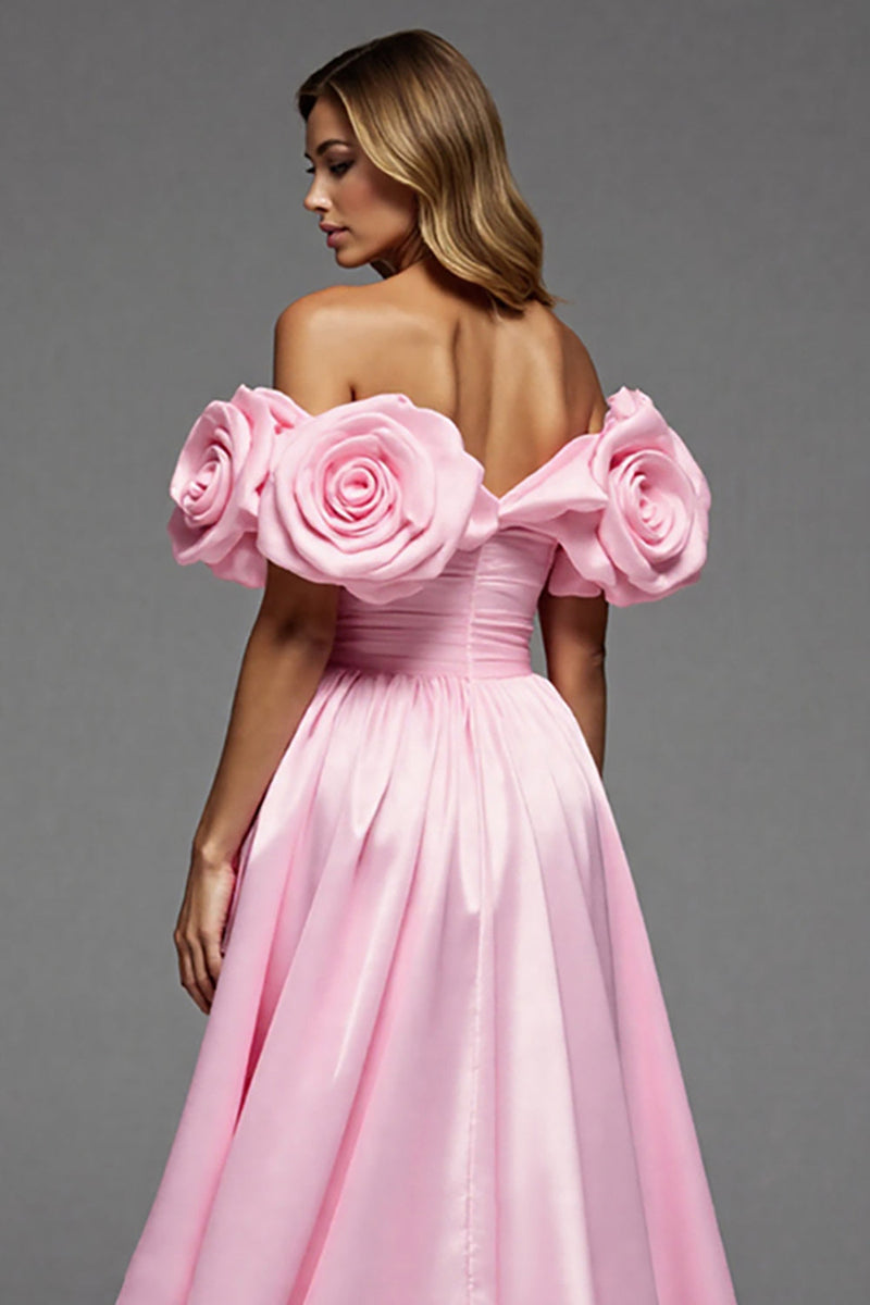 Laden Sie das Bild in den Galerie-Viewer, Rosa Satin Blumen A Linie Lange Abiballkleid mit Schlitz