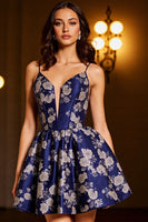 Laden Sie das Bild in den Galerie-Viewer, Marineblau A Linie Satin Blumen Kurze Party Kleid