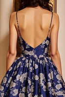 Laden Sie das Bild in den Galerie-Viewer, Marineblau A Linie Satin Blumen Kurze Party Kleid