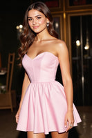 Laden Sie das Bild in den Galerie-Viewer, Pink Satin A Linie Korsett Trägerlos Kurze Party Kleid