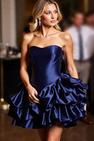 Laden Sie das Bild in den Galerie-Viewer, Marineblau Herz-Ausschnitt Kurze Satin Party Kleid mit Rüschens