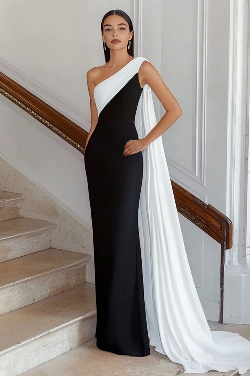 Laden Sie das Bild in den Galerie-Viewer, Black and White Sheath Long Satin Formal Dress with Cape One Shoulder Maxi Evening Dress