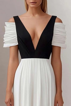 Schwarz und Weiß A Linie Tiefer V Ausschnitt Lange Formelle Kleid