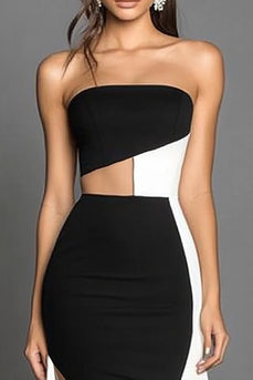 Schwarz und Weiß Etui Trägerlos Satin Lange Formelle Kleid mit Schlitz