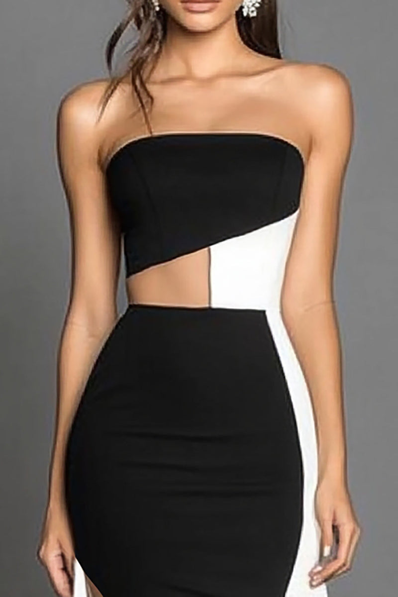 Laden Sie das Bild in den Galerie-Viewer, Schwarz und Weiß Etui Trägerlos Satin Lange Formelle Kleid mit Schlitz