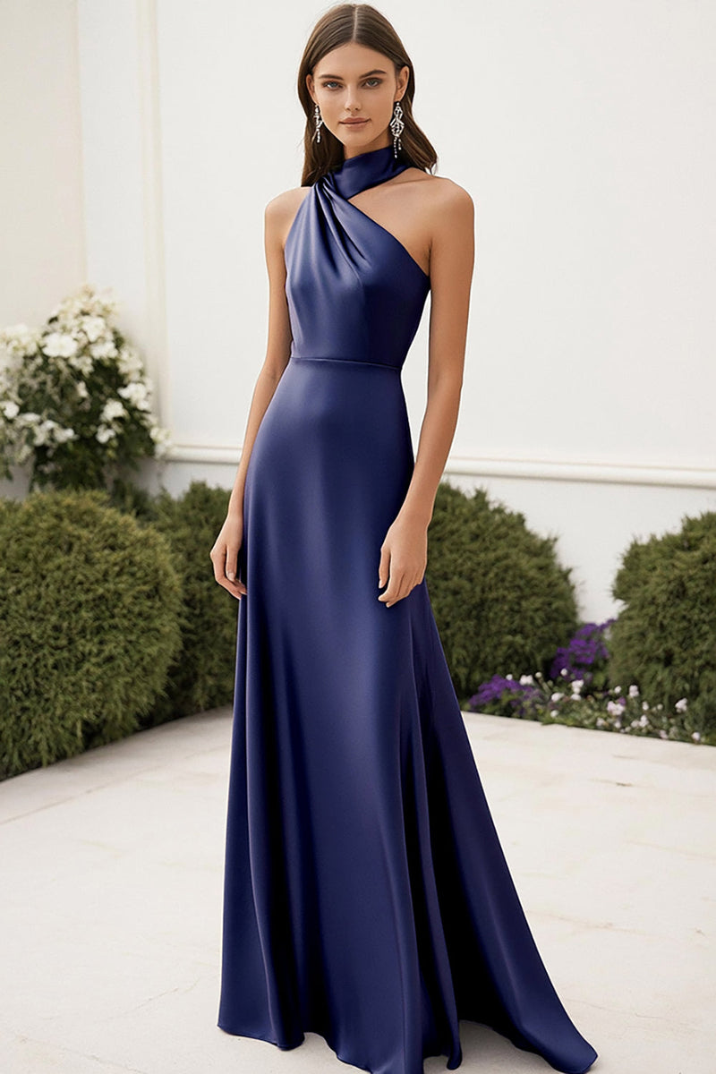 Laden Sie das Bild in den Galerie-Viewer, Damen Kleid Marineblau Neckholder Satin Lange Formelle A Linie Abendkleid