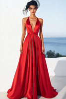 Laden Sie das Bild in den Galerie-Viewer, Rot A Linie Satin Neckholder Lange Formelle Kleid