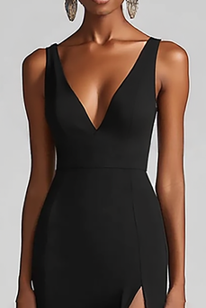 Schwarz Chiffon Meerjungfrau V Ausschnitt Lange Formelle Kleid mit Schlitz