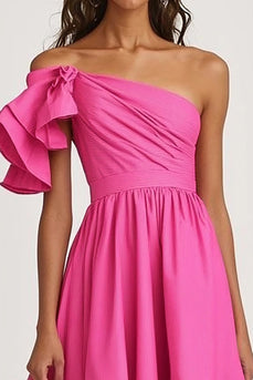 Fuchsia Eine Schulter A Linie Satin Ruffled Lange Formelle Kleid