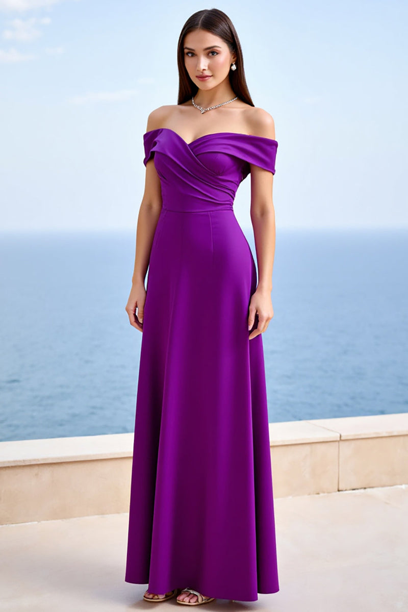 Laden Sie das Bild in den Galerie-Viewer, Plum Schulterfreie Satin Sheath Rüschen Lange Formelle Kleid
