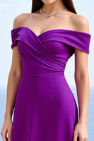Laden Sie das Bild in den Galerie-Viewer, Plum Schulterfreie Satin Sheath Rüschen Lange Formelle Kleid