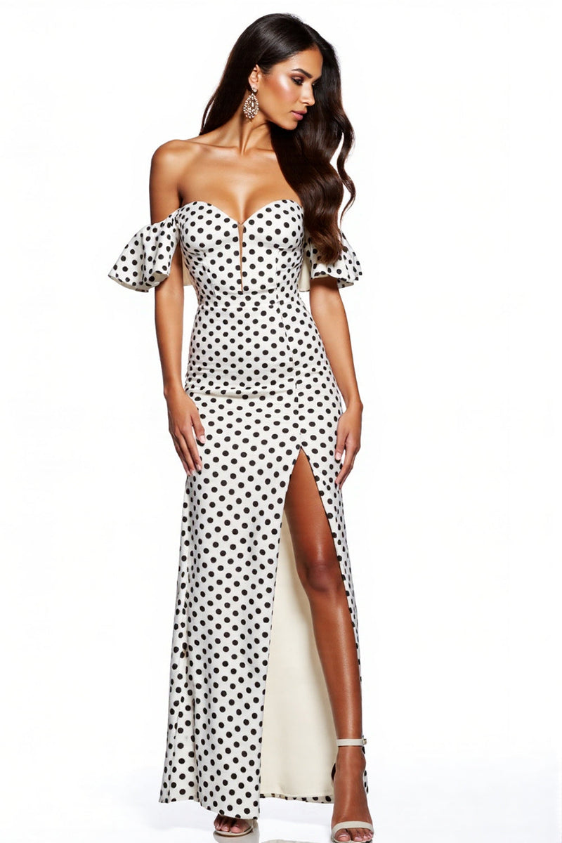 Laden Sie das Bild in den Galerie-Viewer, Schwarz und Weiß Sheath Polka Dot Maxi Formelle Kleid mit Schlitz