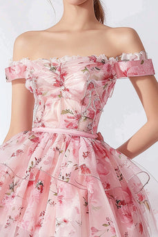 Pink Blumen Gestufte Schulterfreie Kurze Party Kleid mit Rüschens
