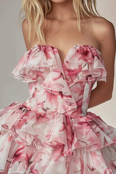 Pink Blumen Gestufte Trägerlos Kurze Party Kleid mit Rüschens