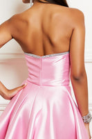 Laden Sie das Bild in den Galerie-Viewer, Glitzer Pink Trägerlos Satin Perlen Party Kleid mit Kurze