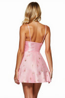 Laden Sie das Bild in den Galerie-Viewer, Blumen Pink Kurze Spaghettiträger Satin Party Kleid