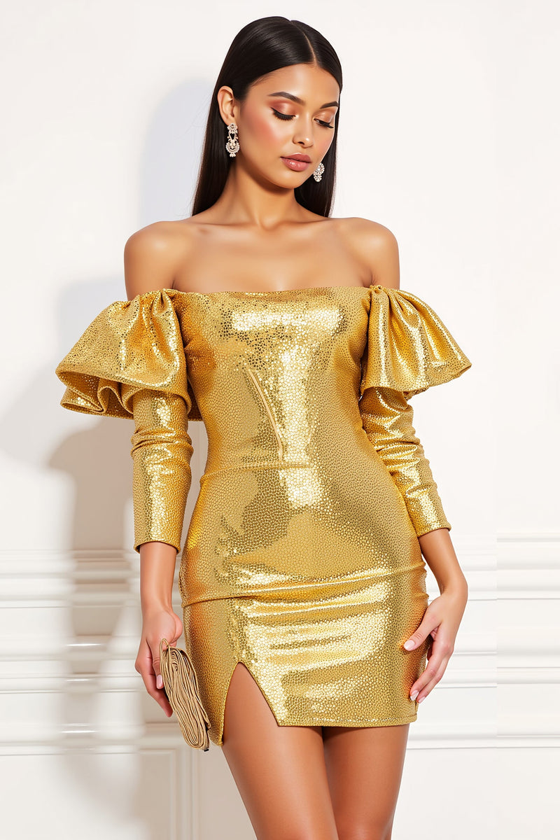 Laden Sie das Bild in den Galerie-Viewer, Glitzernd Golden Metallic Eng Kurz Cocktailkleid mit Rüschen