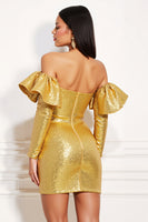 Laden Sie das Bild in den Galerie-Viewer, Glitzernd Golden Metallic Eng Kurz Cocktailkleid mit Rüschen