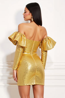 Glitzer Golden Enges Metallic Kurze Party Kleid mit Rüschens
