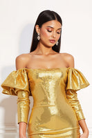 Laden Sie das Bild in den Galerie-Viewer, Glitzer Golden Enges Metallic Kurze Party Kleid mit Rüschens