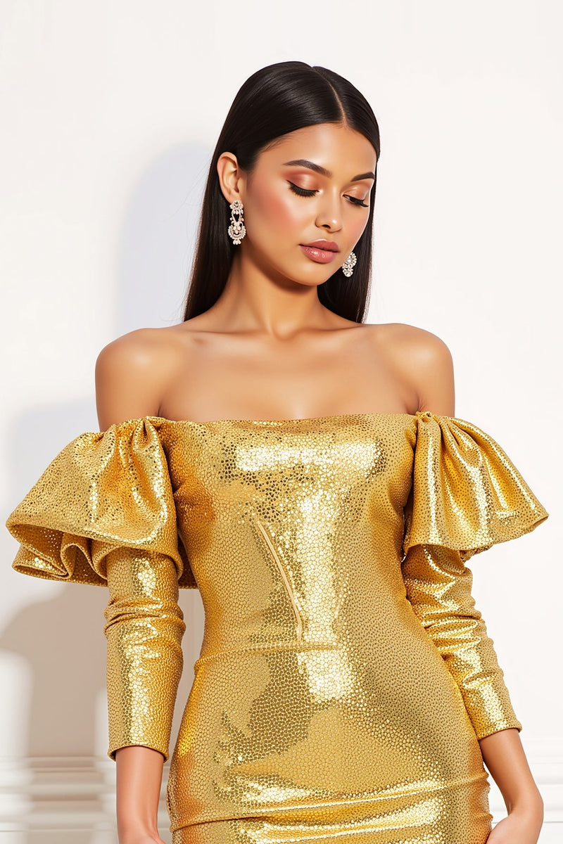 Laden Sie das Bild in den Galerie-Viewer, Glitzer Golden Enges Metallic Kurze Party Kleid mit Rüschens
