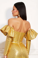 Laden Sie das Bild in den Galerie-Viewer, Glitzernd Golden Metallic Eng Kurz Cocktailkleid mit Rüschen