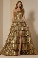 Laden Sie das Bild in den Galerie-Viewer, Glitzernd Golden Metallic Ein-Schulter Rüschen Lang Ballkleid mit Schlitz