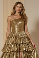Laden Sie das Bild in den Galerie-Viewer, Glitzernd Golden Metallic Ein-Schulter Rüschen Lang Ballkleid mit Schlitz