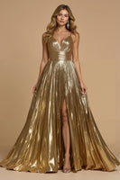 Laden Sie das Bild in den Galerie-Viewer, Glitzernd Golden Metallic Spaghettiträger Lang Ballkleid mit Schlitz